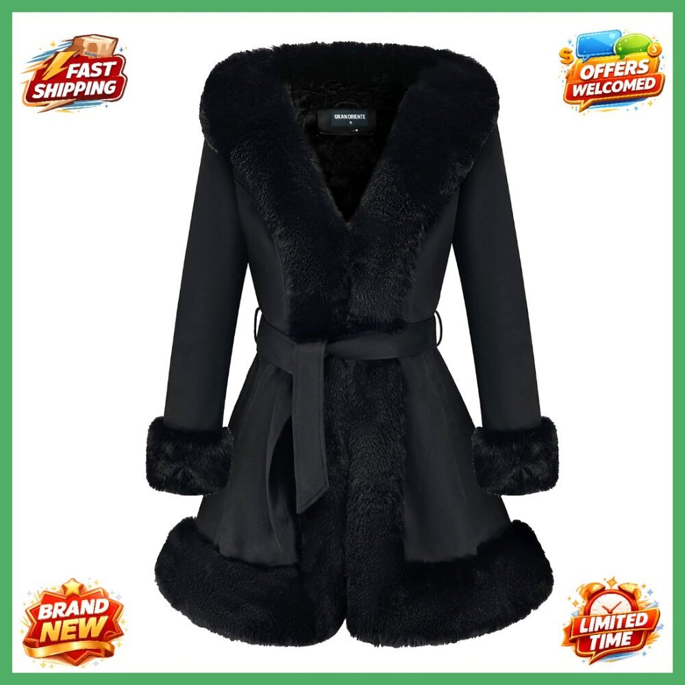 Faux Fur Collar Suede Jacket, Slim Fit Winter Parka with Belt, Size M